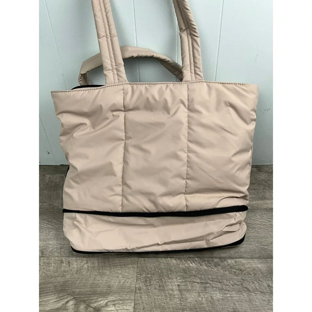 CALPAK Luka Duffel Bag Oatmeal Beige Quilted Puffer Travel Gym Bag HUB Logo